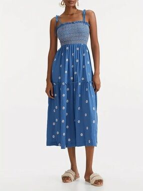 Boho Blue Daisy Embroidered Smocked Midi Summer Dress
